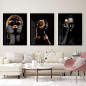 3-Piece African Woman Wall Art with Gold Jewelry