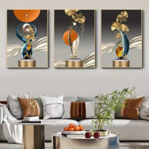 3 Pieces Modern Geometric Wall Art with Golden Leaves