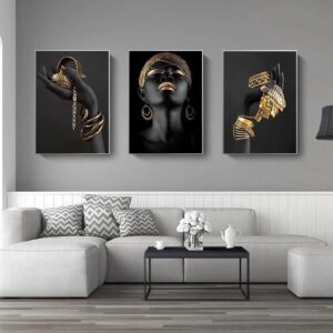 3-Piece African Woman Wall Art with Gold Jewelry